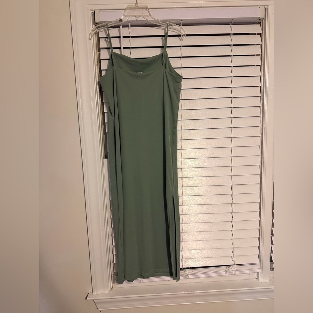 H&M Sage Green Slip Dress featuring adjustable spaghetti straps and a side slit - Picture 2 of 8